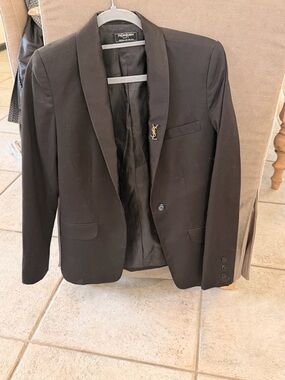 Yves Saint Laurent Black Shawl Collar Tuxedo Blazer with Gold YSL Pin
